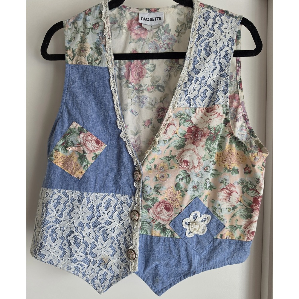 Vintage Paquette Women's Vest L Blue Floral Sleeveless Made‎ in USA Cottagecore